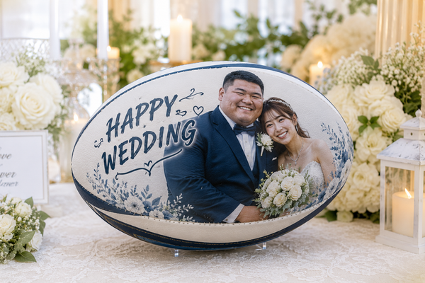 大阪府在住20代 高野様|結婚祝いとして写真入りラグビーボールを製作しました